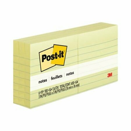 3M Post-it, Original Pads In Canary Yellow, 3 X 3, Lined, 100-Sheet, 6/pack 6306PK